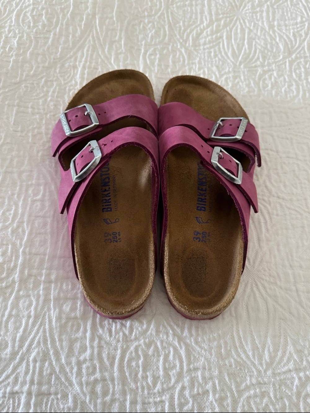 Birkenstock Magenta Suede Sandals with Silver Buckles